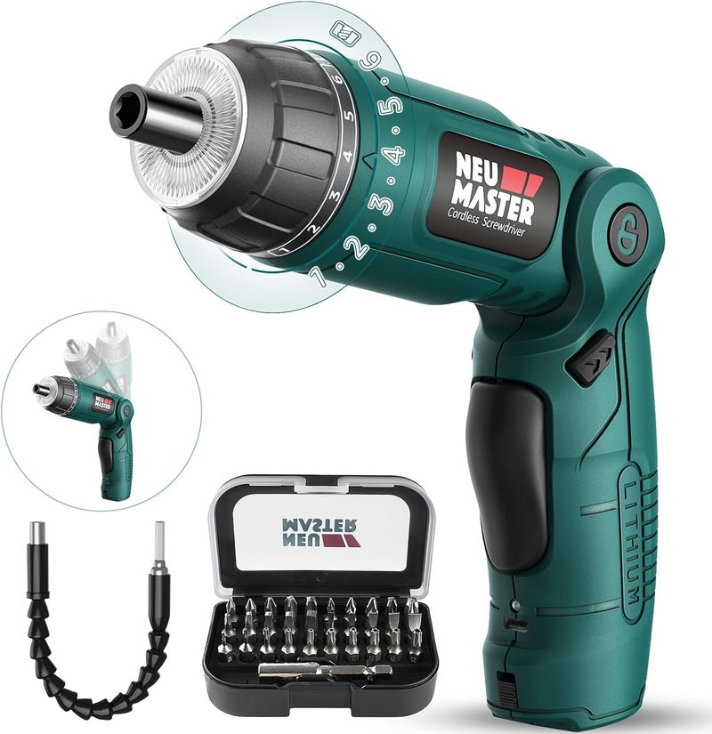 NEU MASTER Cordless Screwdriver, 4V Electric Screwdriver Rechargeable Power Screwdriver With Pivoting Handle, Front And Rear LED light, 32pcs Bits, 6+1 Torque Setting, 2000 mAh Battery Screwdriver - Image 1